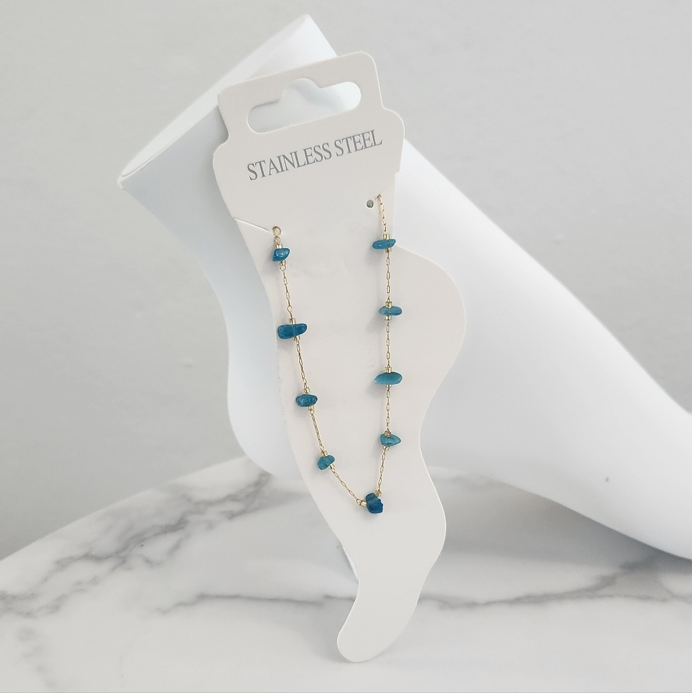 Dainty Minimalist Tuquoise Stone Stainless Steel Gold Plated Anklet Bracelet - Picture 13 of 13